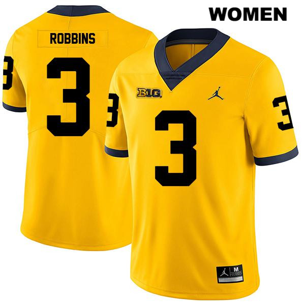 Women's NCAA Michigan Wolverines Brad Robbins #3 Yellow Jordan Brand Authentic Stitched Legend Football College Jersey GJ25G64HJ
